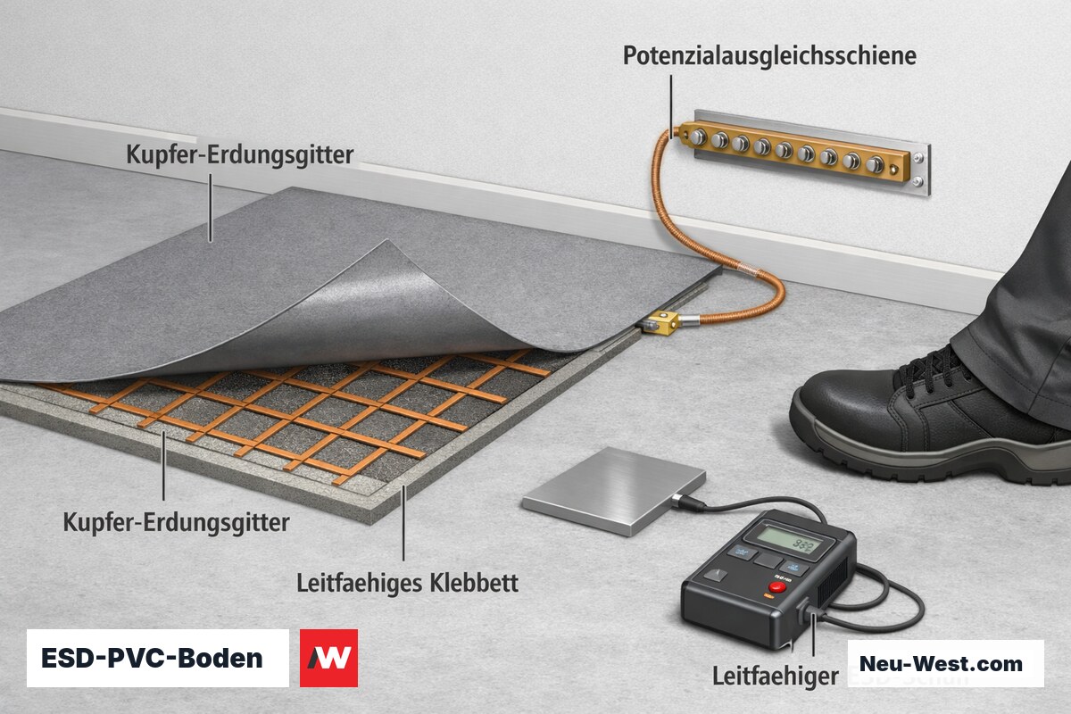 Cutaway eines ESD-PVC-Bodens mit Kupfer-Erdungsgitter im Klebbett, Anschluss an Potenzialausgleichsschiene, Widerstandsmessgerät und leitfähigem Schuh.