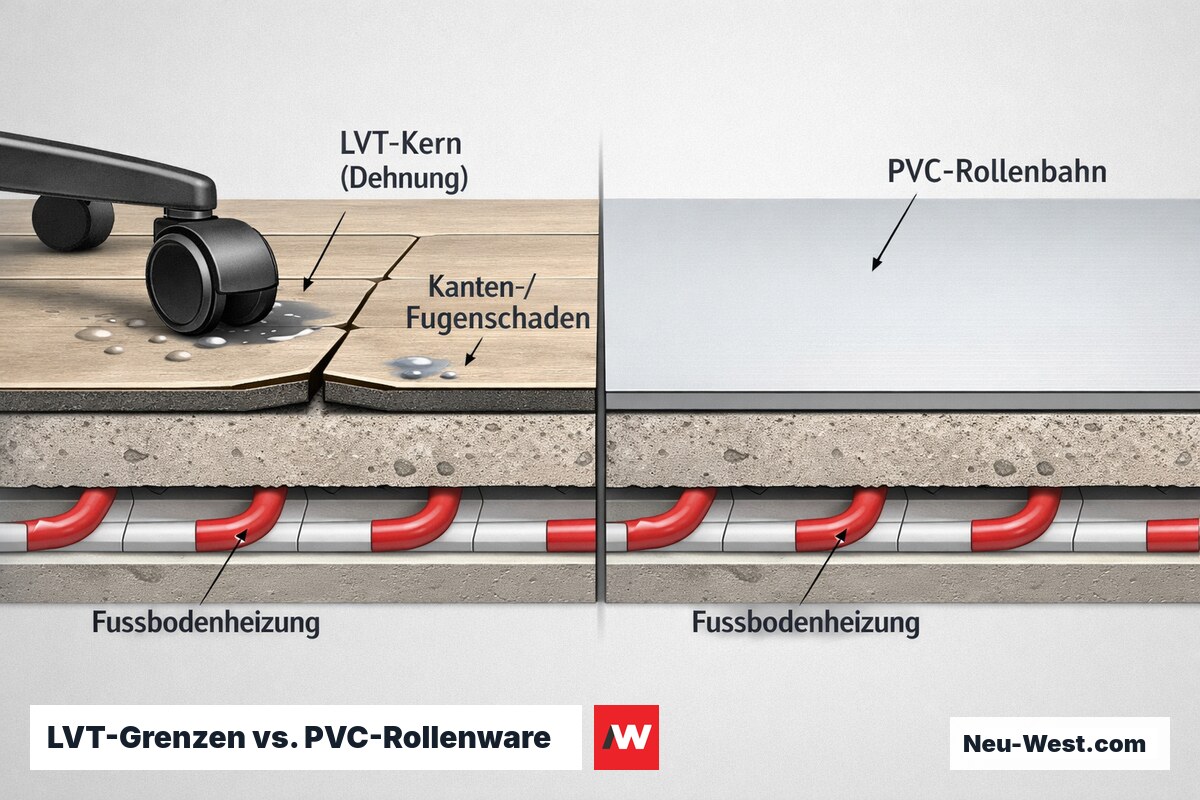 Querschnitt: LVT-Fliesen mit Kanten- und Fugenschäden über Fußbodenheizung und Stuhlrollen-Drucklast, daneben fugenlose PVC-Rollenbahn.