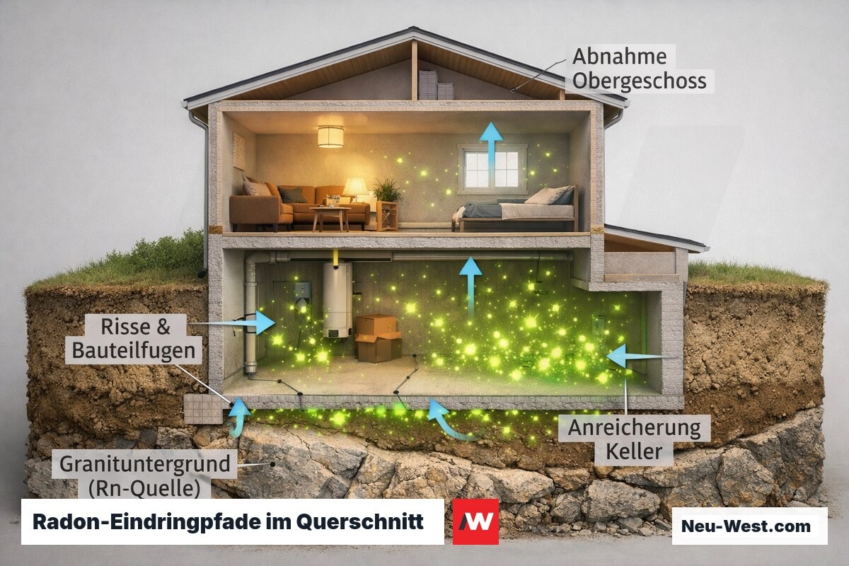Querschnitt eines Wohngebäudes zeigt Radon-Aufstieg aus dem Boden durch Risse und Fugen in Keller und Wohnräume, Bq/m³ nimmt nach oben ab.