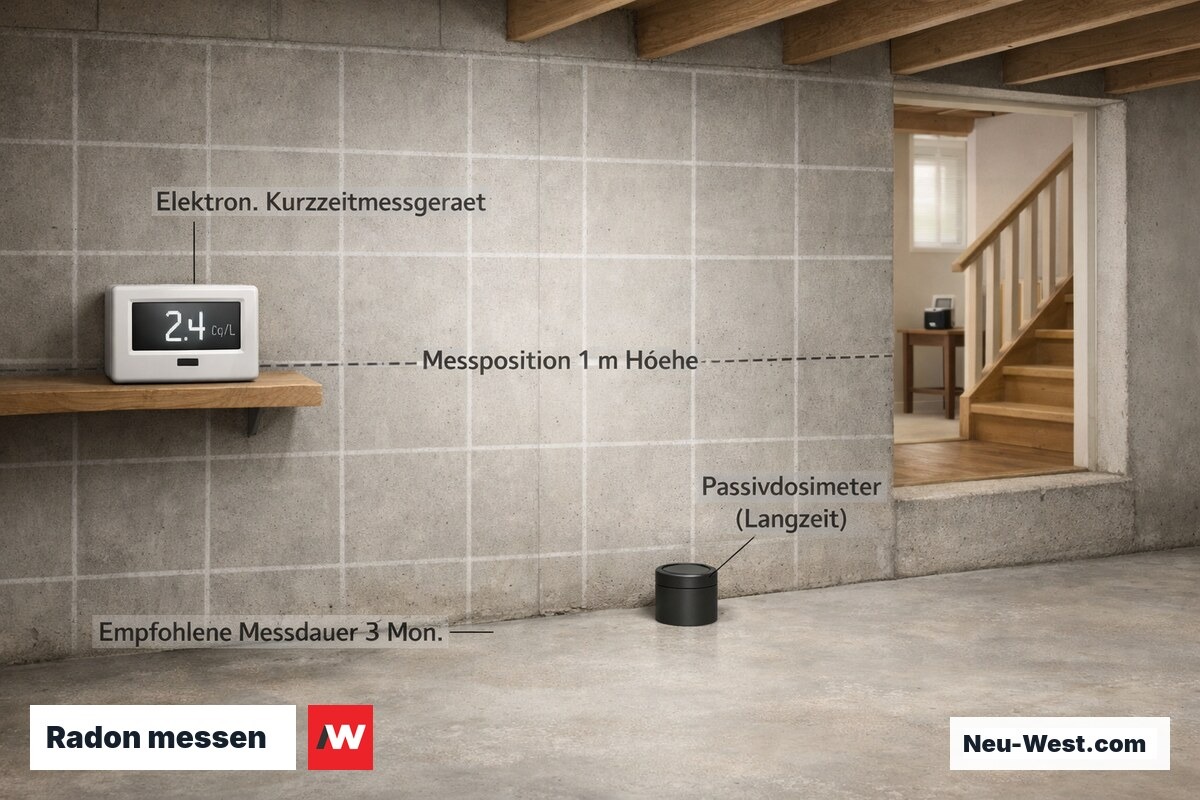 Kellerwohnraum mit passivem Langzeit-Dosimeter und digitalem Radon-Messgerät, korrekte Positionierung auf Regal in 1 Meter Höhe.