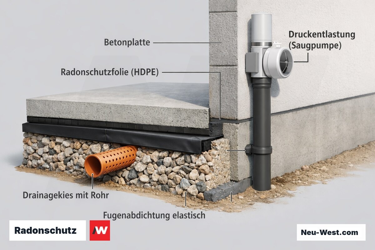 Baudetail-Schnitt zeigt mehrlagiges Radonschutzsystem: HDPE-Folie, Drainagekies mit Saugrohr und Unterdruckanlage unter Bodenplatte.