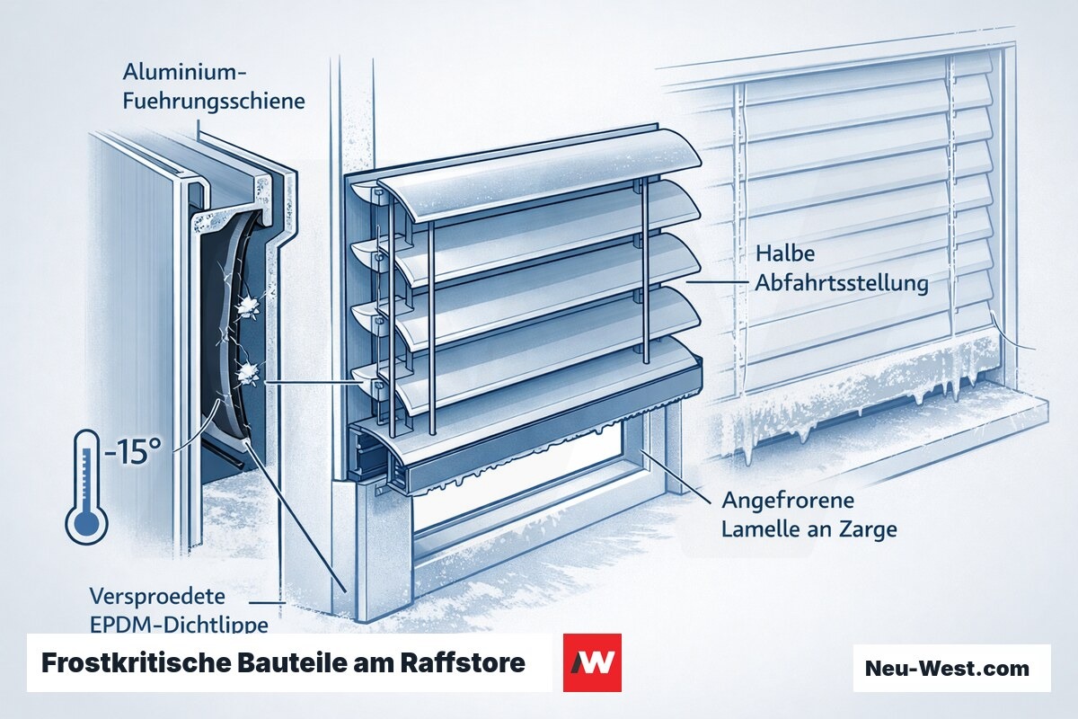Querschnitt-Grafik: frostunempfindliche Alu-Führungsschiene, versprödete EPDM-Dichtlippe und empfohlene halbe Abfahrtsstellung gegen angefrorene Lamellen.