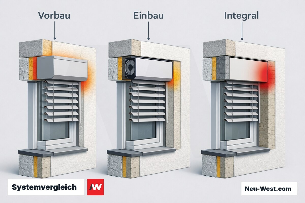 Systemvergleich: Vorbau-, Einbau- und Integralkasten-Raffstore – Erklär-Grafik (NEUWEST Berlin)