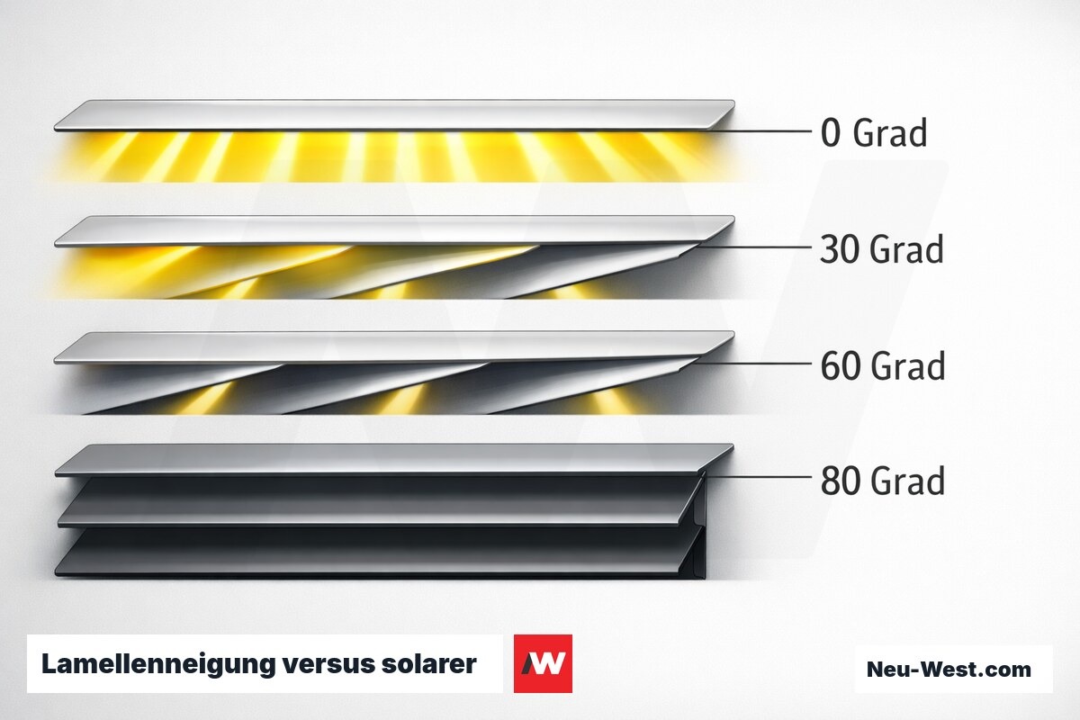Lamellenneigung versus solarer Gesamtenergiedurchlassgrad g_total – Erklär-Grafik (NEUWEST Berlin)