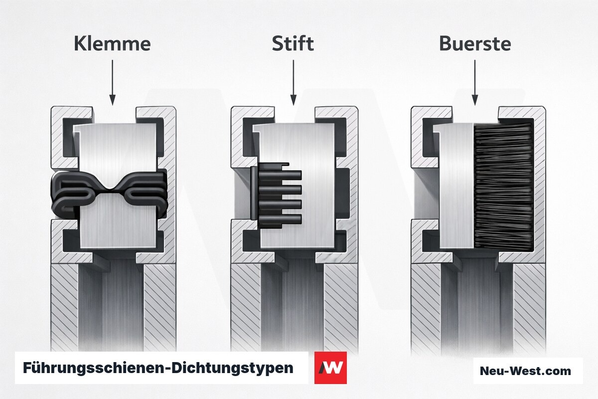 Führungsschienen-Dichtungstypen: Klemm-, Stift- und Bürstendichtung im Vergleich – Erklär-Grafik (NEUWEST Berlin)