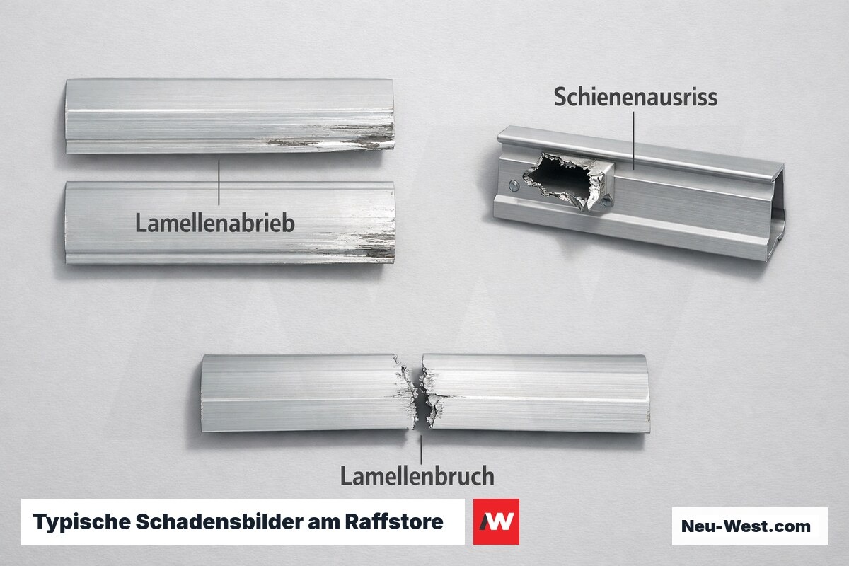 Typische Schadensbilder am Raffstore: Ursachen und Erscheinungsformen – Erklär-Grafik (NEUWEST Berlin)