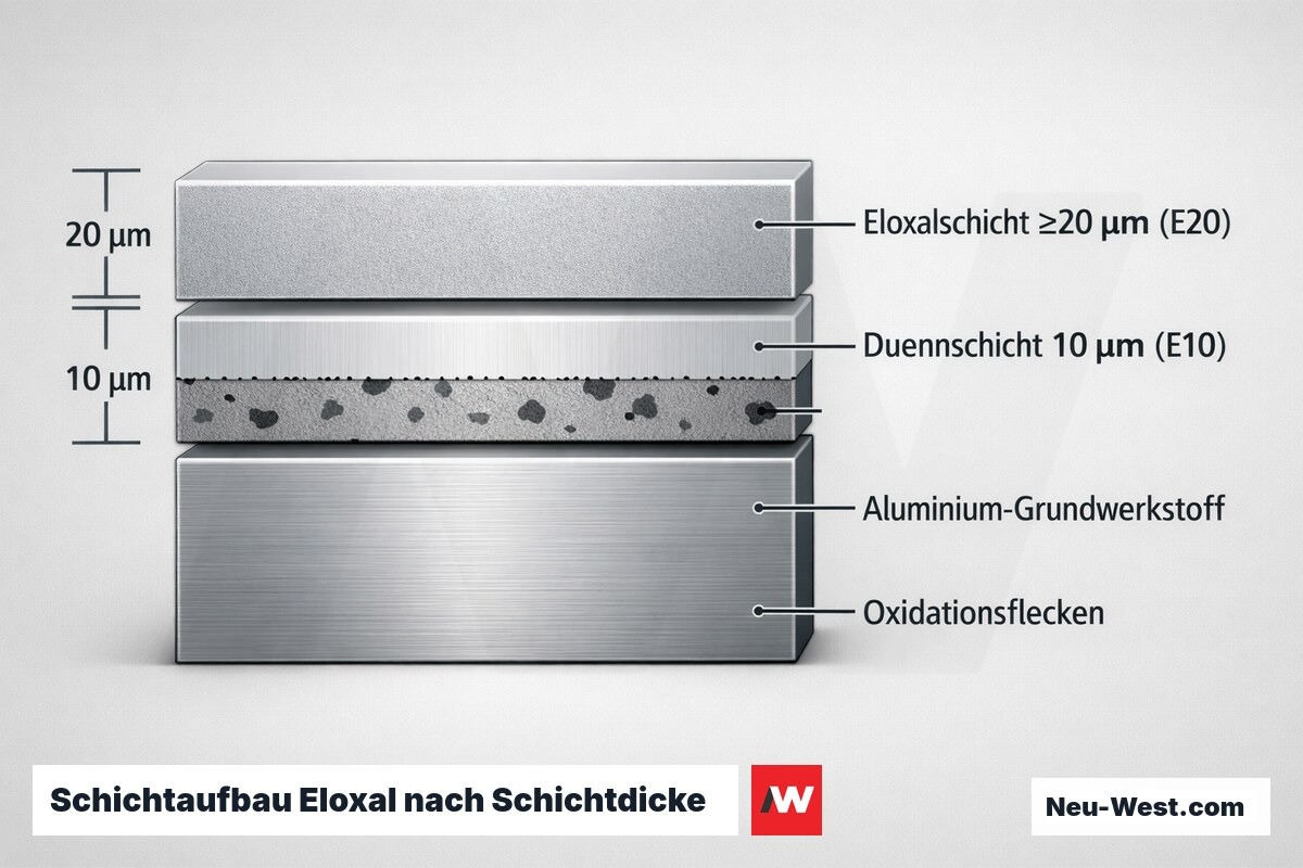 Querschnitt einer Aluminium-Lamelle mit Eloxalschichten: dichte 20-µm-Schicht (E20) gegenüber dünner 10-µm-Schicht (E10) mit Oxidationsflecken, Schichtdicken-Skala in µm.