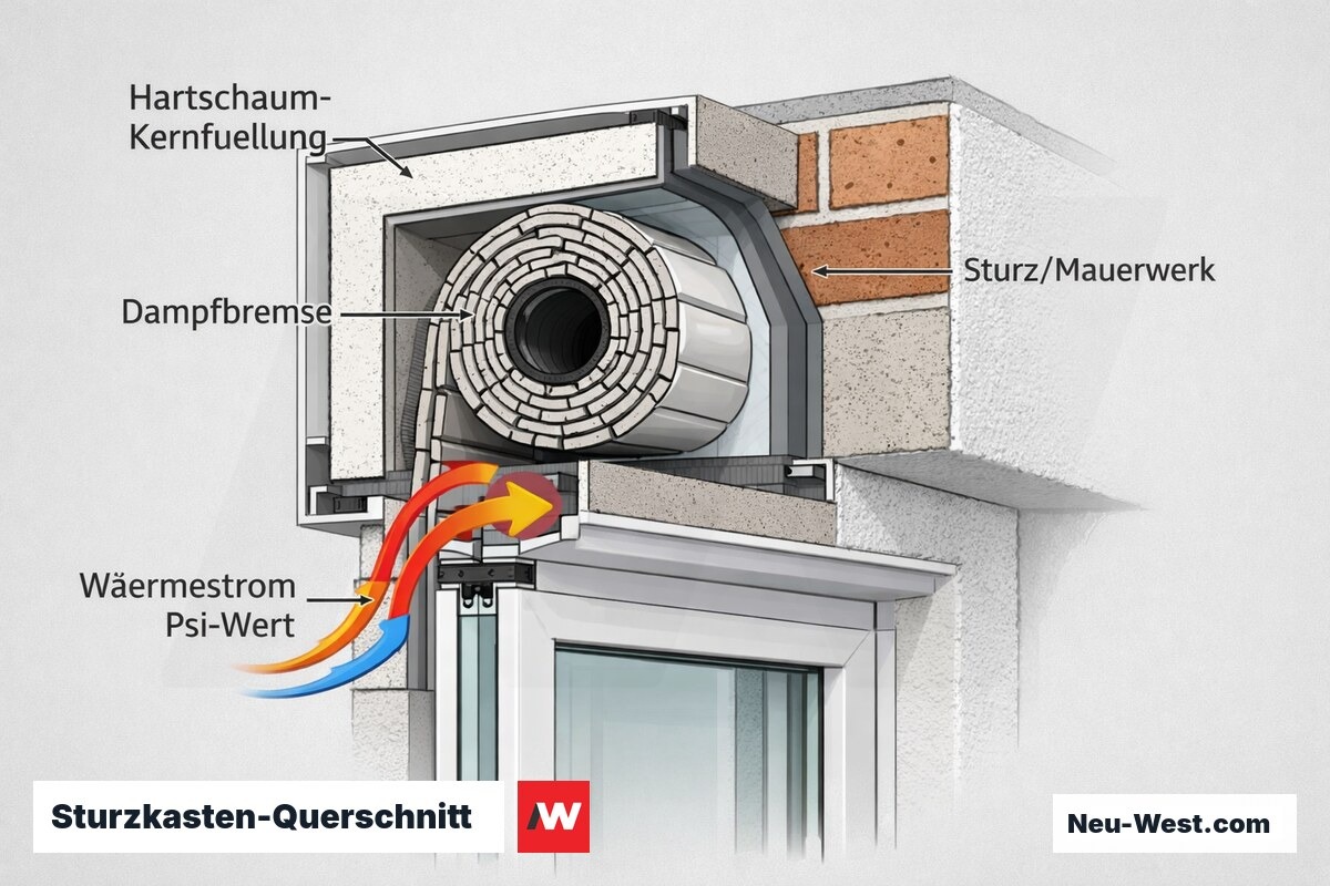 Querschnitt eines gedämmten Aufsatz-Rollladenkastens mit Hartschaum-Kernfüllung, Dampfbremse, Sturzanschluss und Wärmestrom als Wärmebrücken-Detail.