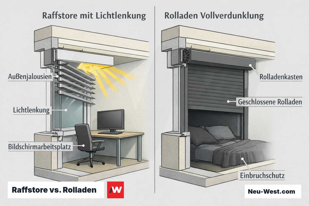 Vergleichs-Illustration: außenliegender Raffstore mit Lichtlenkung am Bürofenster gegenüber Rolladen mit Vollverdunklung am Wohnfenster.