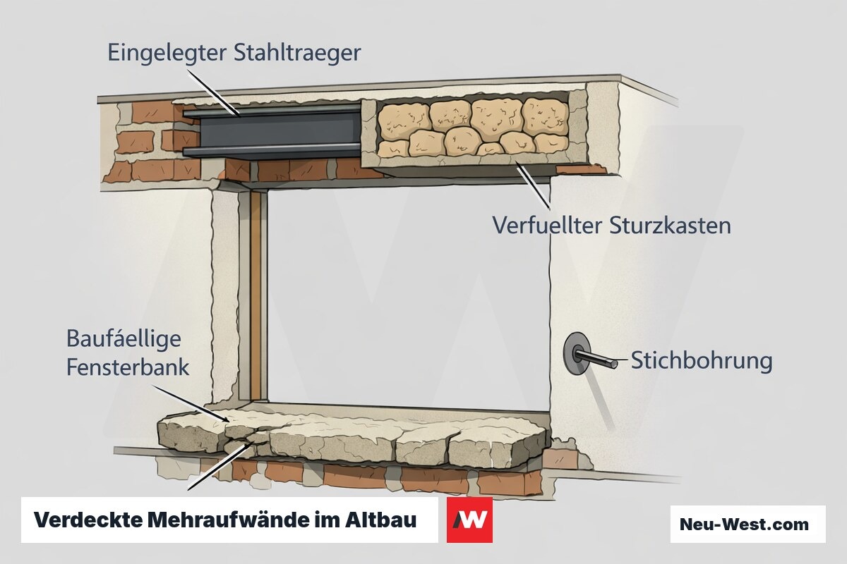Querschnitt einer Altbau-Fensterlaibung mit eingelegtem Stahlträger, verfülltem Sturzkasten, baufälliger Fensterbank und Stichbohrung zur Vorabinspektion.