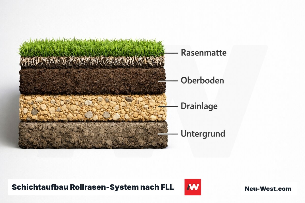Schichtaufbau Rollrasen-System nach FLL – Erklär-Grafik (NEUWEST Berlin)