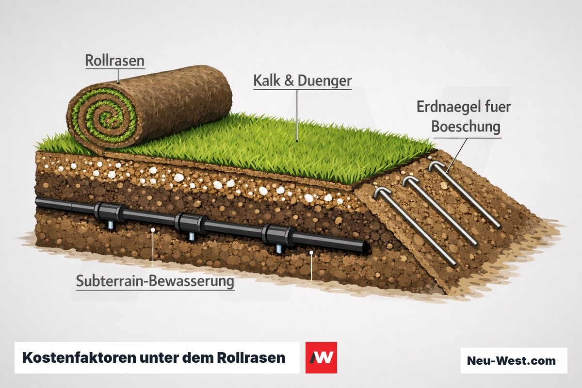Querschnitt zeigt Rollrasen mit unterirdischer Bewässerung, Kalk- und Düngerschicht sowie Erdnägeln zur Böschungssicherung.