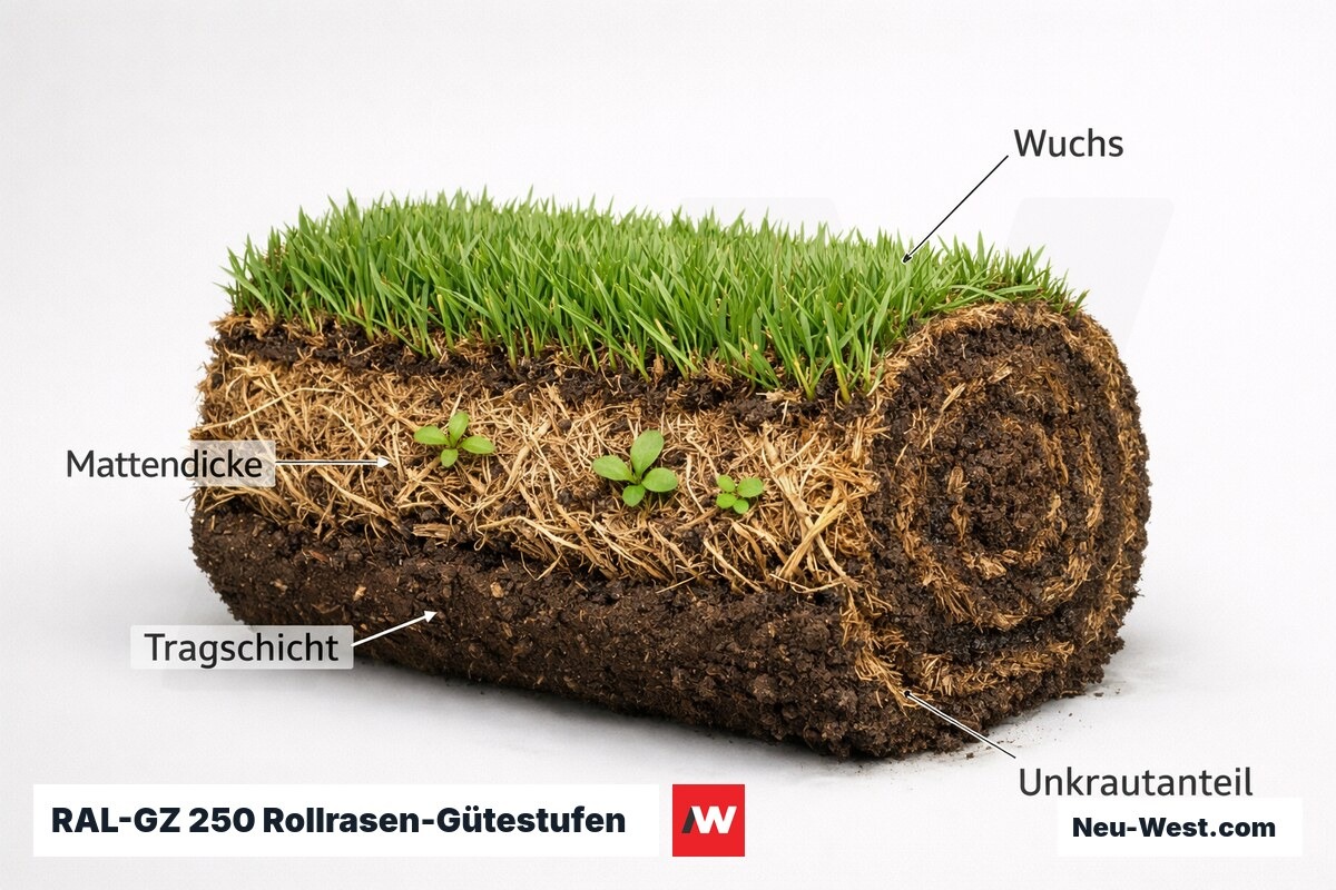 RAL-GZ 250 Rollrasen-Gütestufen: Anatomie der Lieferware – Erklär-Grafik (NEUWEST Berlin)