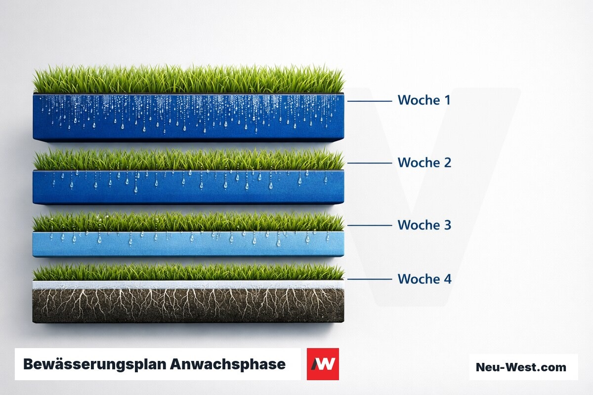 Bewässerungsplan Anwachsphase: Tagesbedarf Wochen 1–4 – Erklär-Grafik (NEUWEST Berlin)