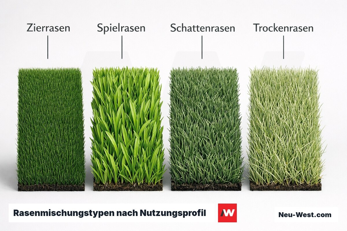 Rasenmischungstypen nach Nutzungsprofil (RSM-Klassifikation) – Erklär-Grafik (NEUWEST Berlin)