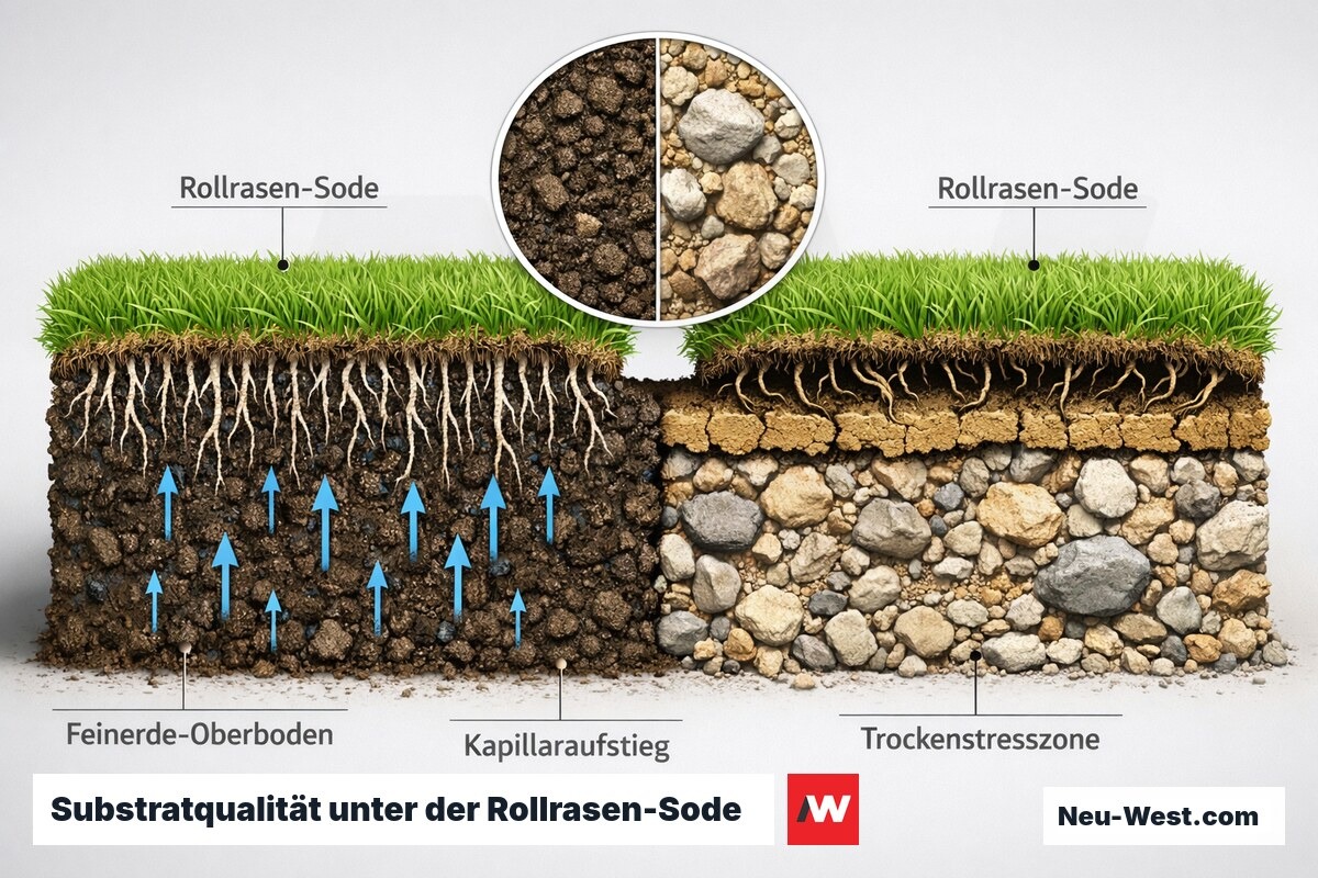 Querschnitt-Vergleich: Rollrasen auf Feinerde mit Kapillaraufstieg gegenüber grobem Recyclingsand mit Trockenstresszone und gestopptem Wurzelwachstum.