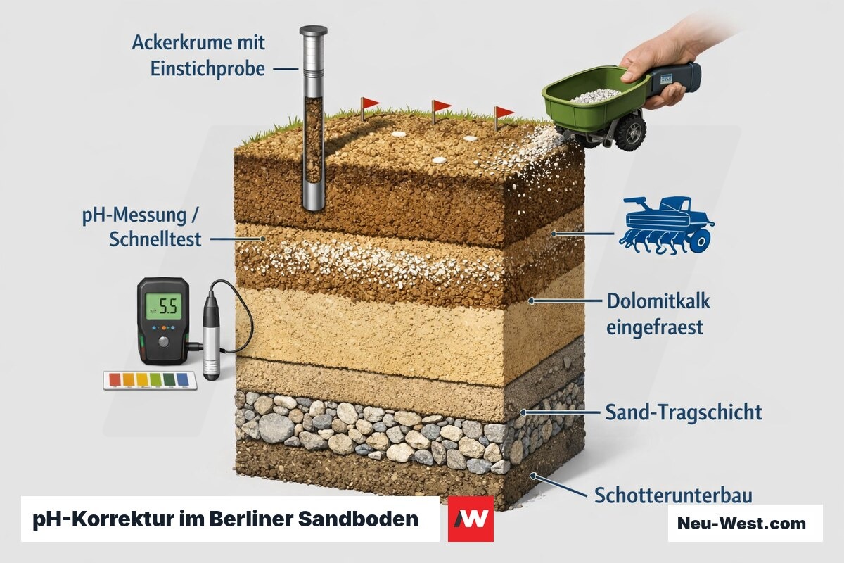 Querschnitt eines Berliner Sandbodens mit Bodenprobe, pH-Messung, eingefrästem Dolomitkalk und Sand-Tragschicht als Erklär-Grafik