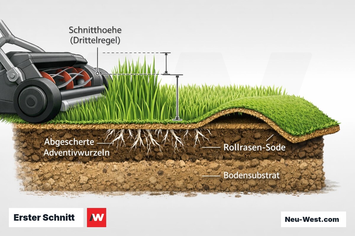 Querschnitt eines Rollrasens beim ersten Mähen: Schnitthöhe nach Drittelregel, abgescherte flache Adventivwurzeln, Sode und Bodensubstrat.