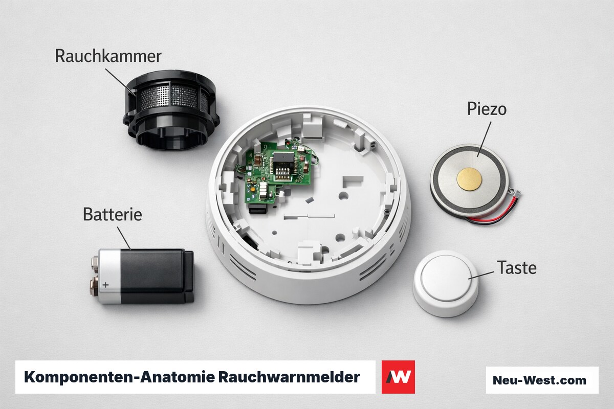 Komponenten-Anatomie Rauchwarnmelder (Innenleben) – Erklär-Grafik (NEUWEST Berlin)