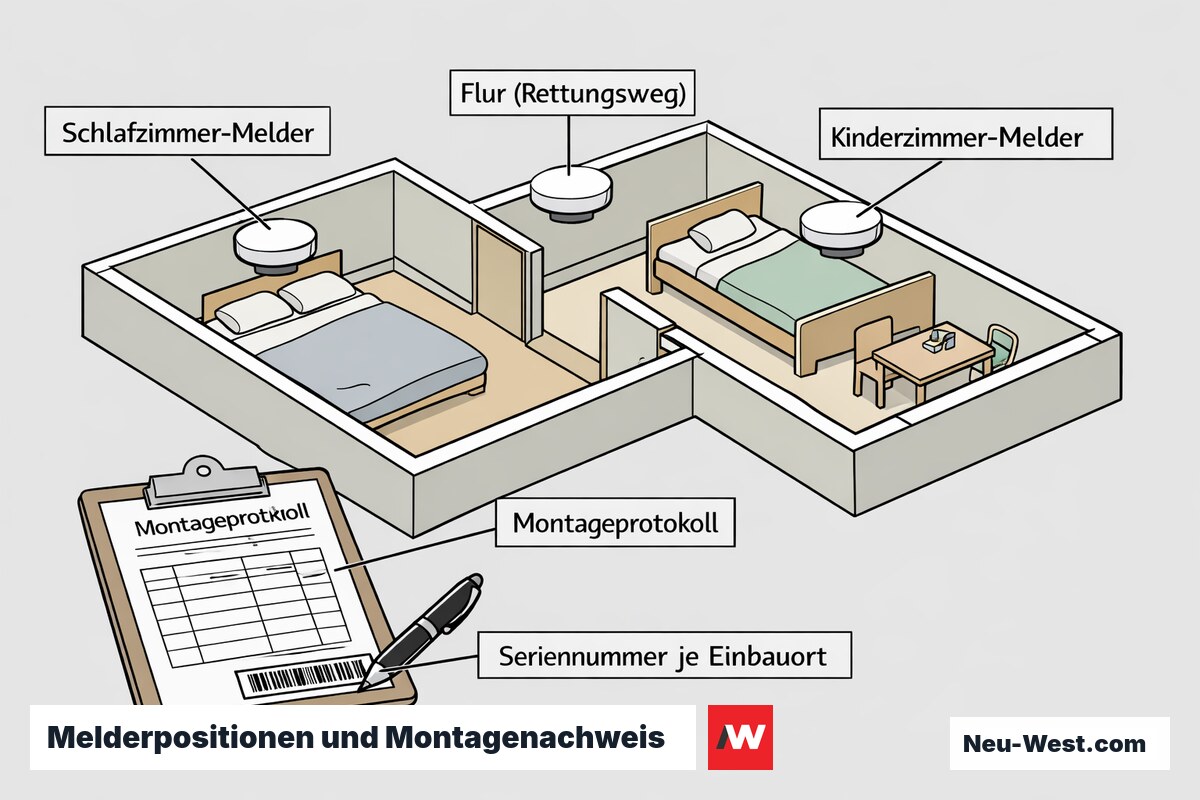 Grundriss-Cutaway einer Wohnung mit deckenmontierten Rauchmeldern in Schlafraeumen und Flur sowie Montageprotokoll mit Seriennummern als Pflichtnachweis.