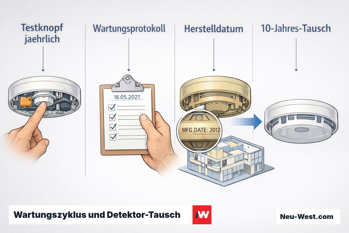 Erklär-Grafik zum jährlichen Testknopf-Prüfen, dokumentiertem Wartungsprotokoll und dem Austausch des Rauchmelders nach zehn Jahren Nutzungsdauer.