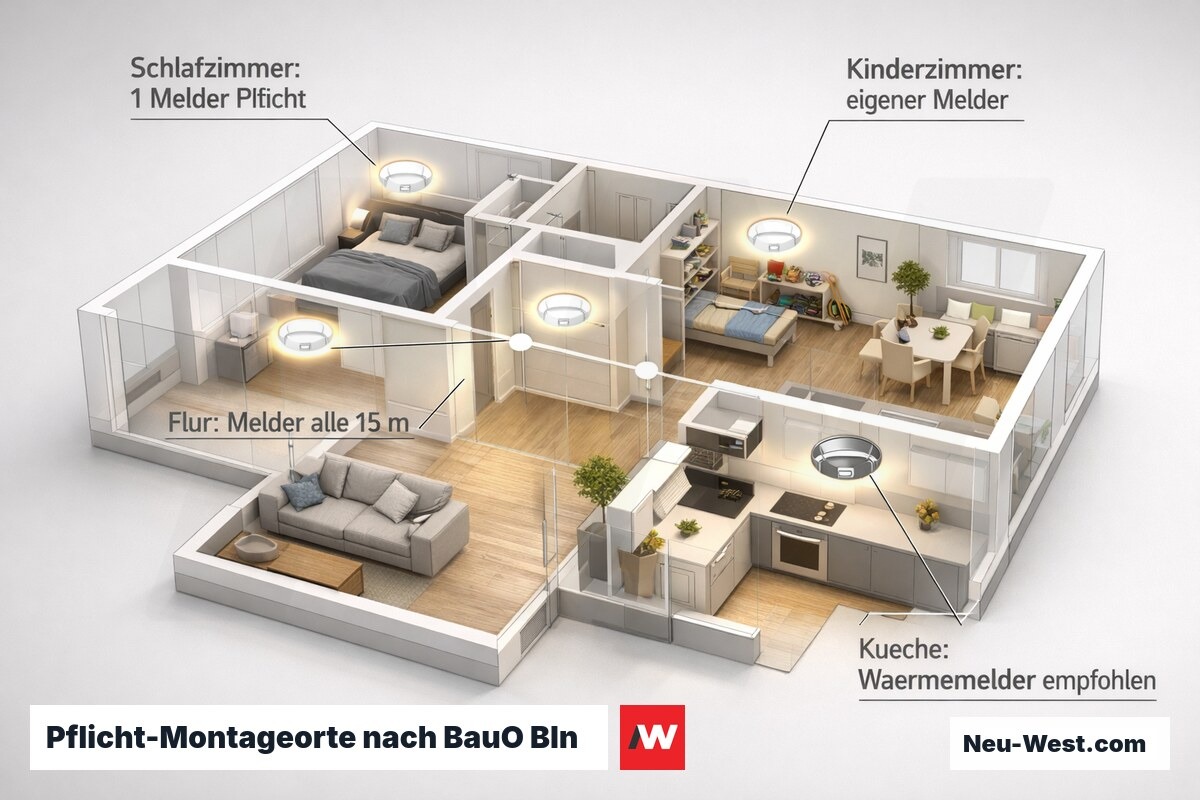 Grundriss einer Wohnung mit eingezeichneten Pflicht-Montageorten für Rauchmelder in Schlaf-, Kinder- und Flurbereichen