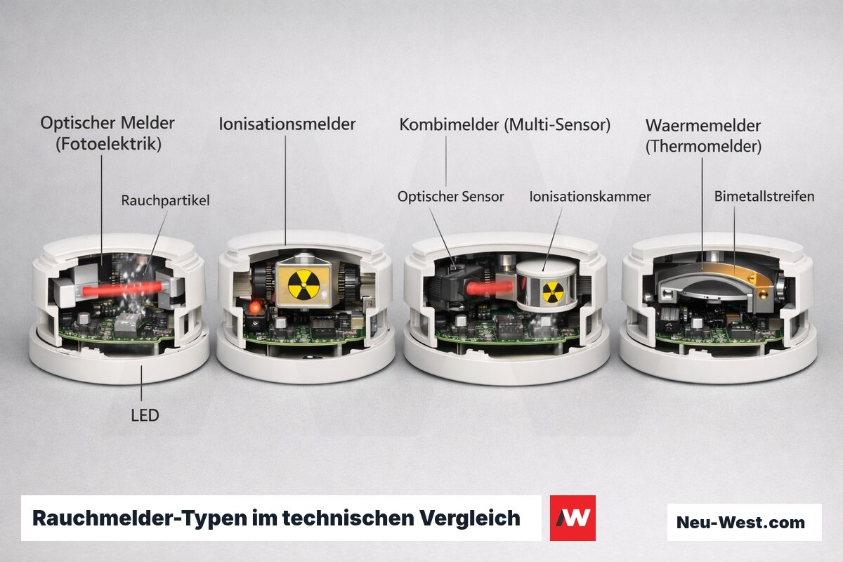 Vier Rauchmelder- und Wärmemelder-Typen im Querschnitt mit sichtbaren Innenkomponenten im technischen Vergleich