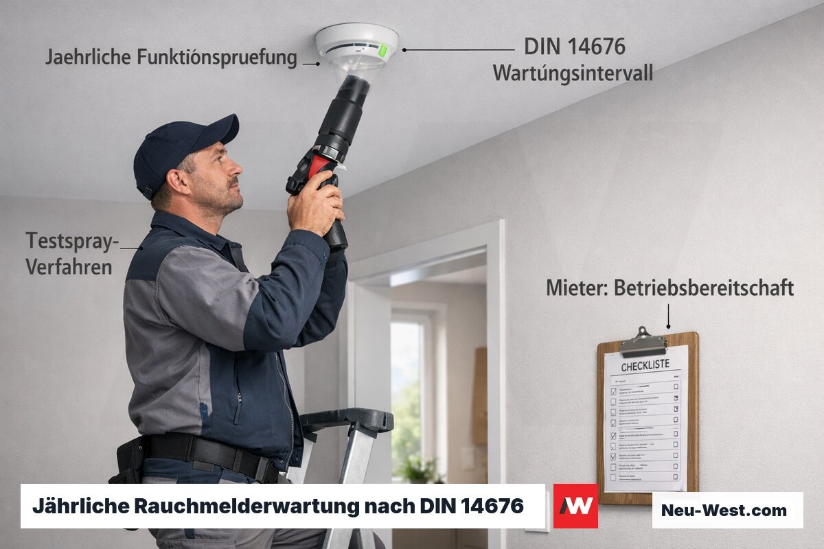 Techniker prüft Rauchmelder an Decke im Wohnungsflur mit Testspray gemäß jährlicher Wartungspflicht nach DIN 14676