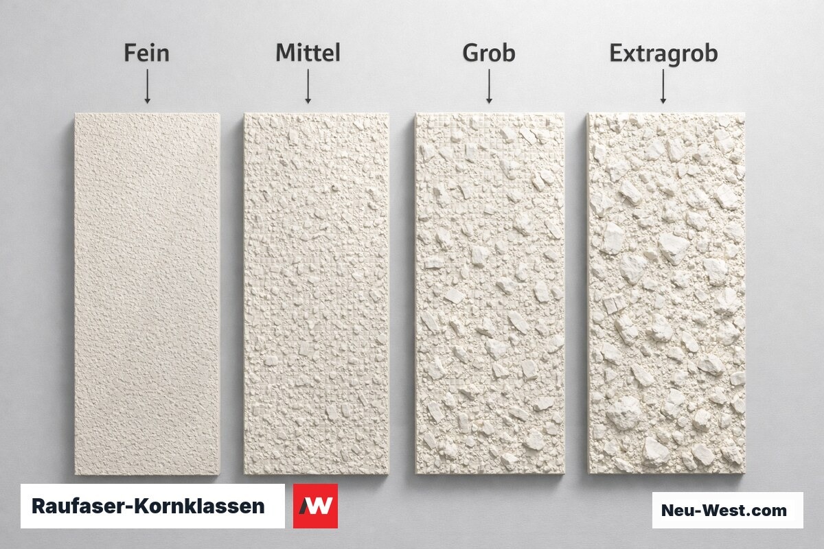 Raufaser-Kornklassen: Strukturtiefe und Farbverbrauch im Vergleich – Erklär-Grafik (NEUWEST Berlin)