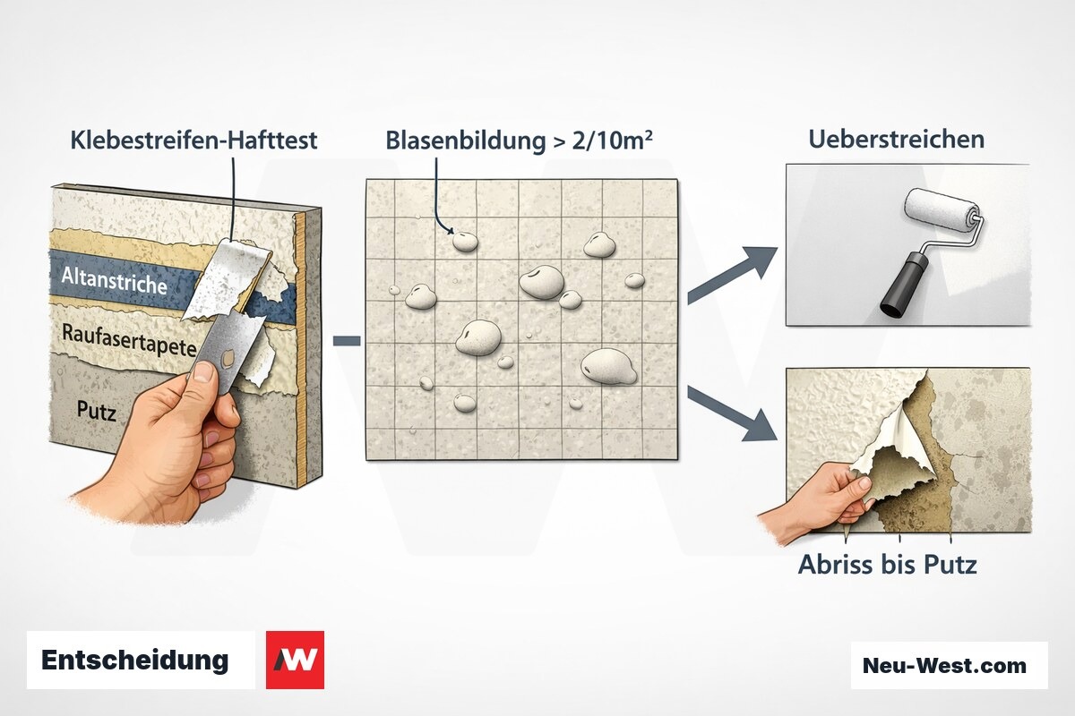 Erklär-Illustration zur Wirtschaftlichkeitsgrenze: Klebestreifen-Hafttest und Blasenbildung auf Raufaser als Entscheidungskriterien zwischen Überstreichen und Abriss.