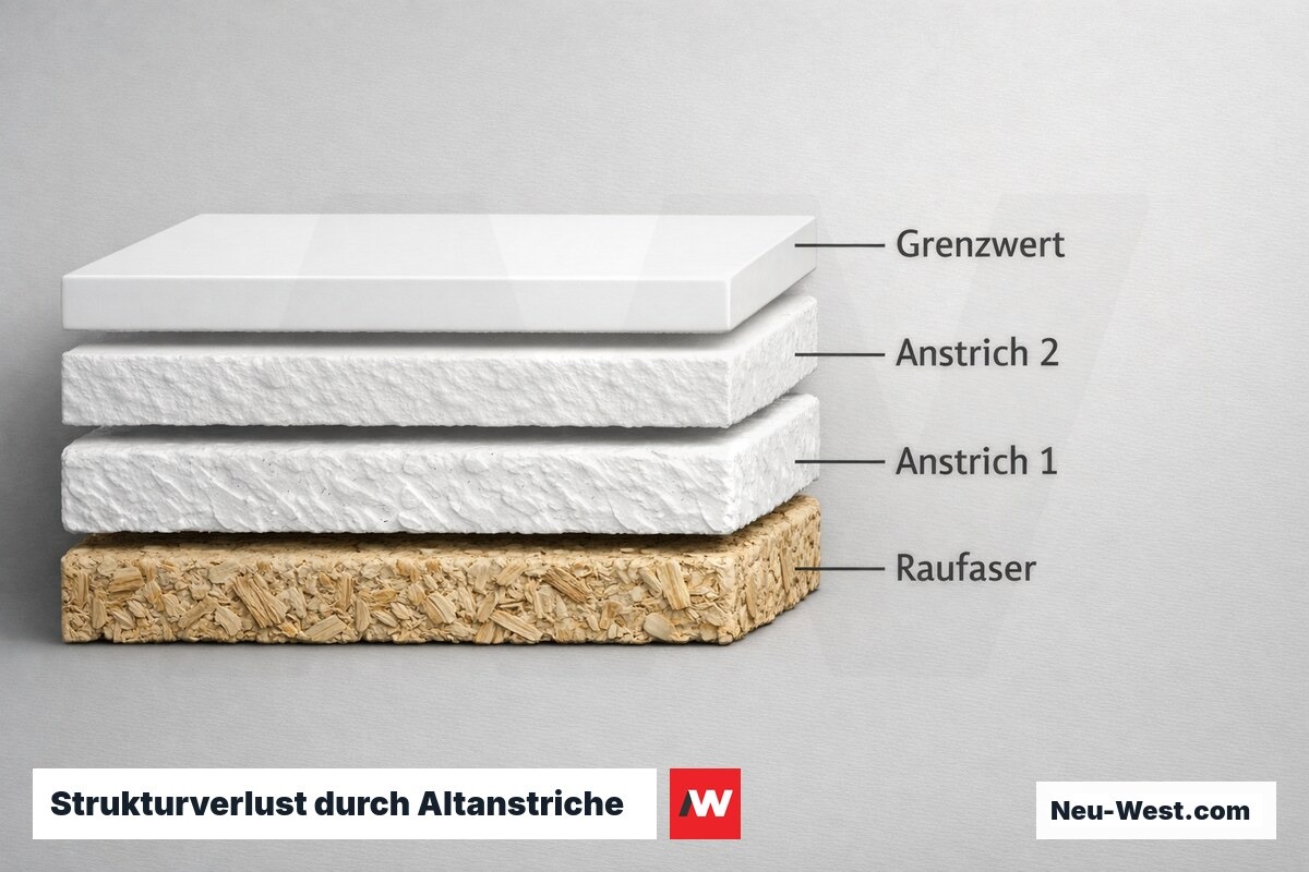Strukturverlust durch Altanstriche: kritischer Schichtdickenaufbau im Querschnitt – Erklär-Grafik (NEUWEST Berlin)