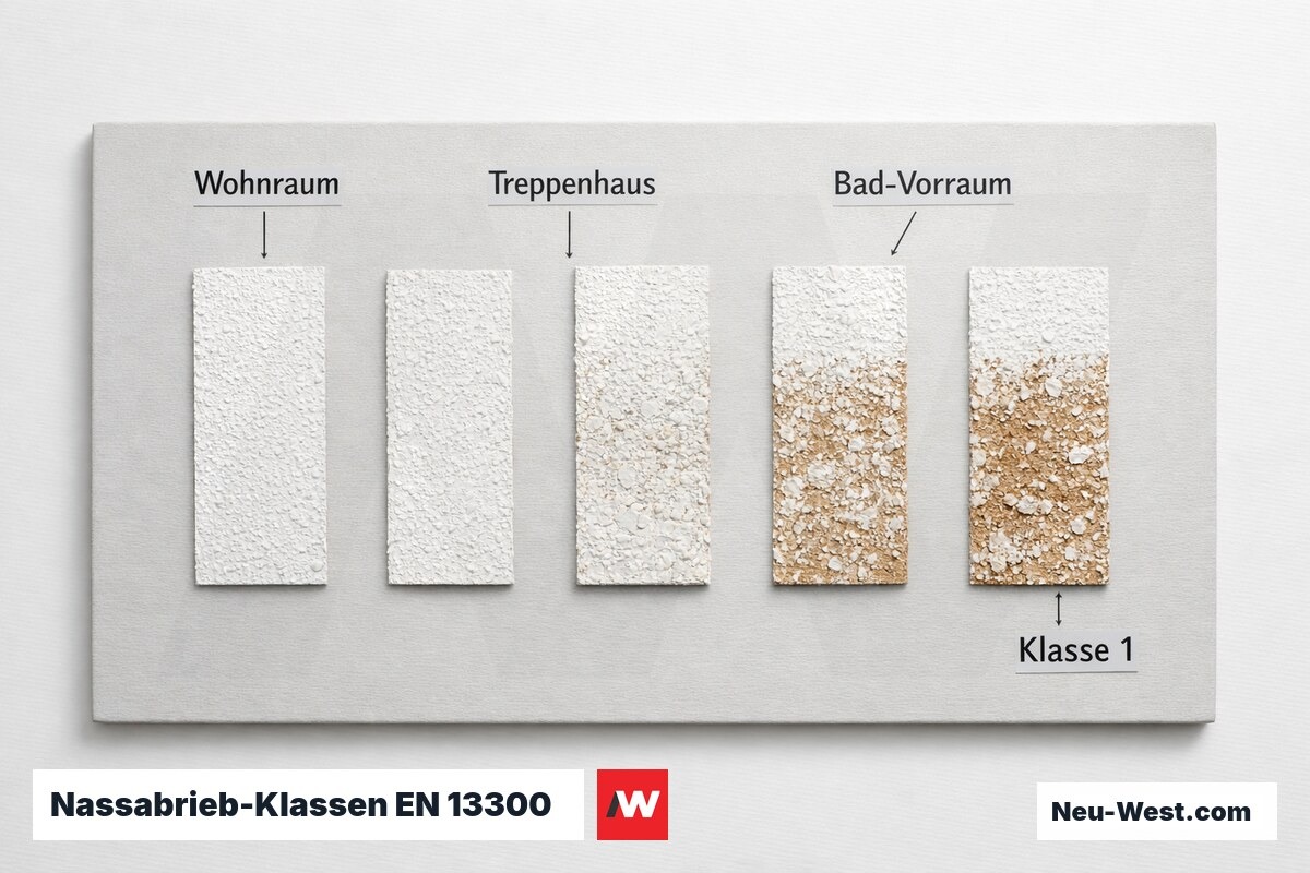 Nassabrieb-Klassen EN 13300: Mindestanforderungen auf Raufaser je Raumtyp – Erklär-Grafik (NEUWEST Berlin)