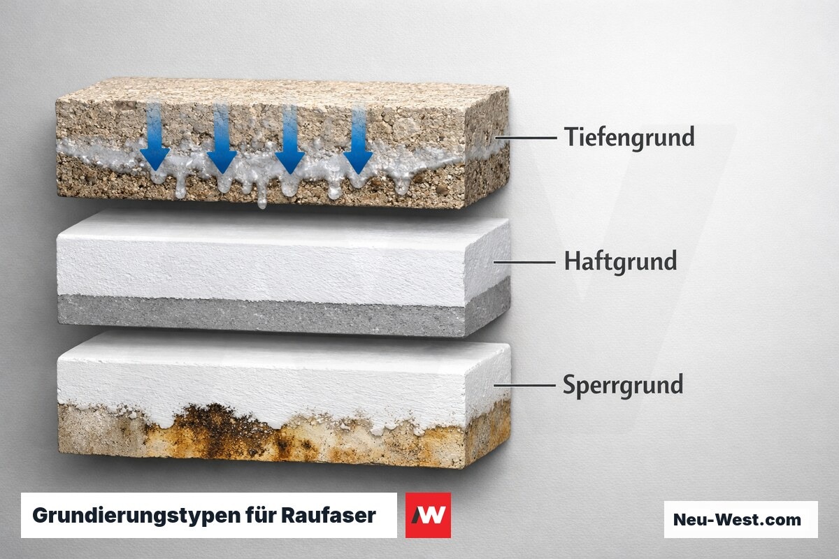 Grundierungstypen für Raufaser: Entscheidungsmatrix nach Untergrundszustand – Erklär-Grafik (NEUWEST Berlin)