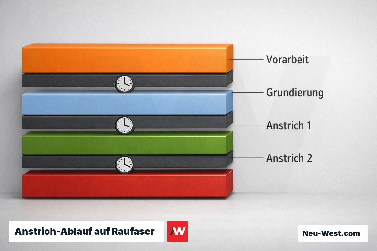 Anstrich-Ablauf auf Raufaser: Prozessschritte mit kritischen Wartezeiten – Erklär-Grafik (NEUWEST Berlin)