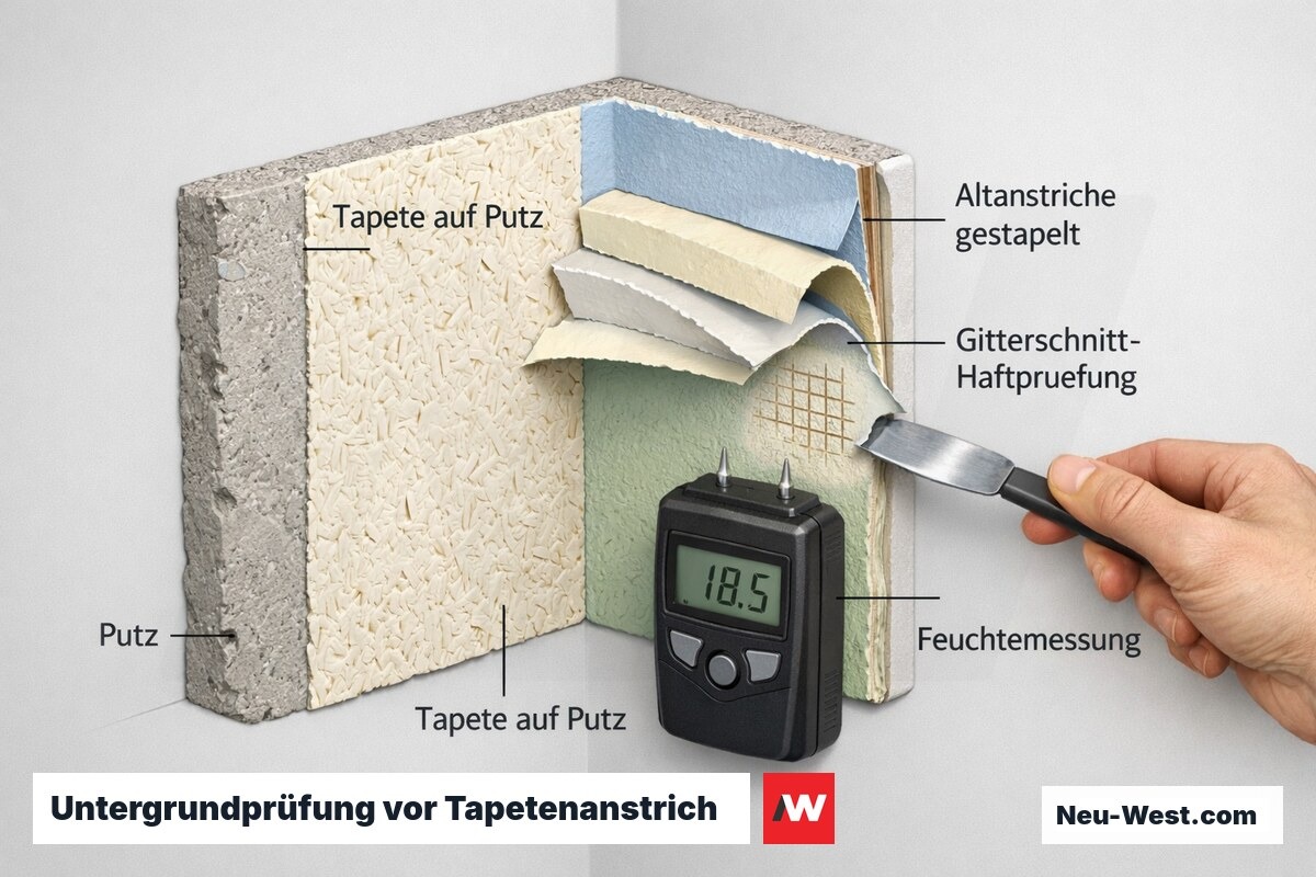 Cutaway einer Wand mit gestapelten Altanstrichen, Gitterschnitt-Haftprüfung und Feuchtemessgerät zur VOB-Untergrundprüfung vor dem Anstrich.