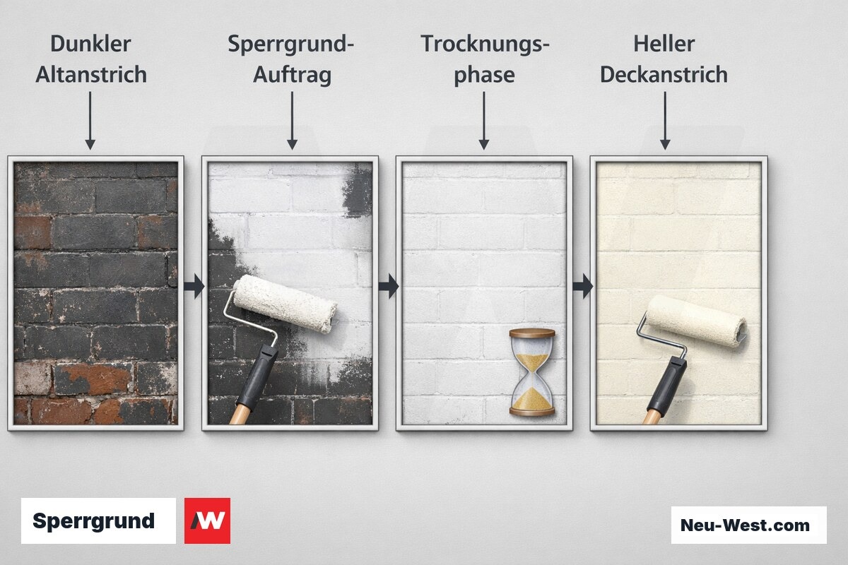 Prozessgrafik in vier Schritten: dunkler Altanstrich, Sperrgrund-Auftrag, Trocknungsphase und heller Deckanstrich auf einer Wand.