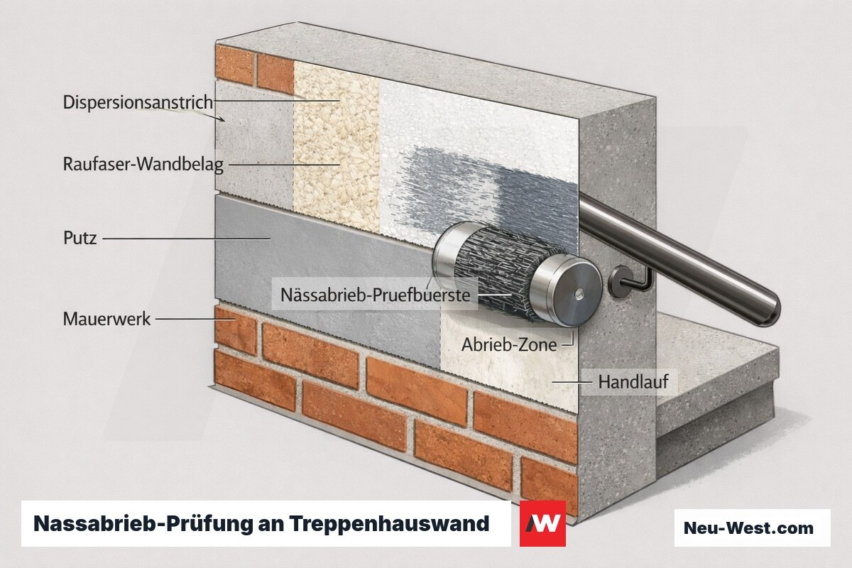 Querschnitt einer Treppenhauswand mit Raufaser und Dispersionsanstrich, an dem eine Nassabrieb-Prüfbürste den Farbfilm abträgt.