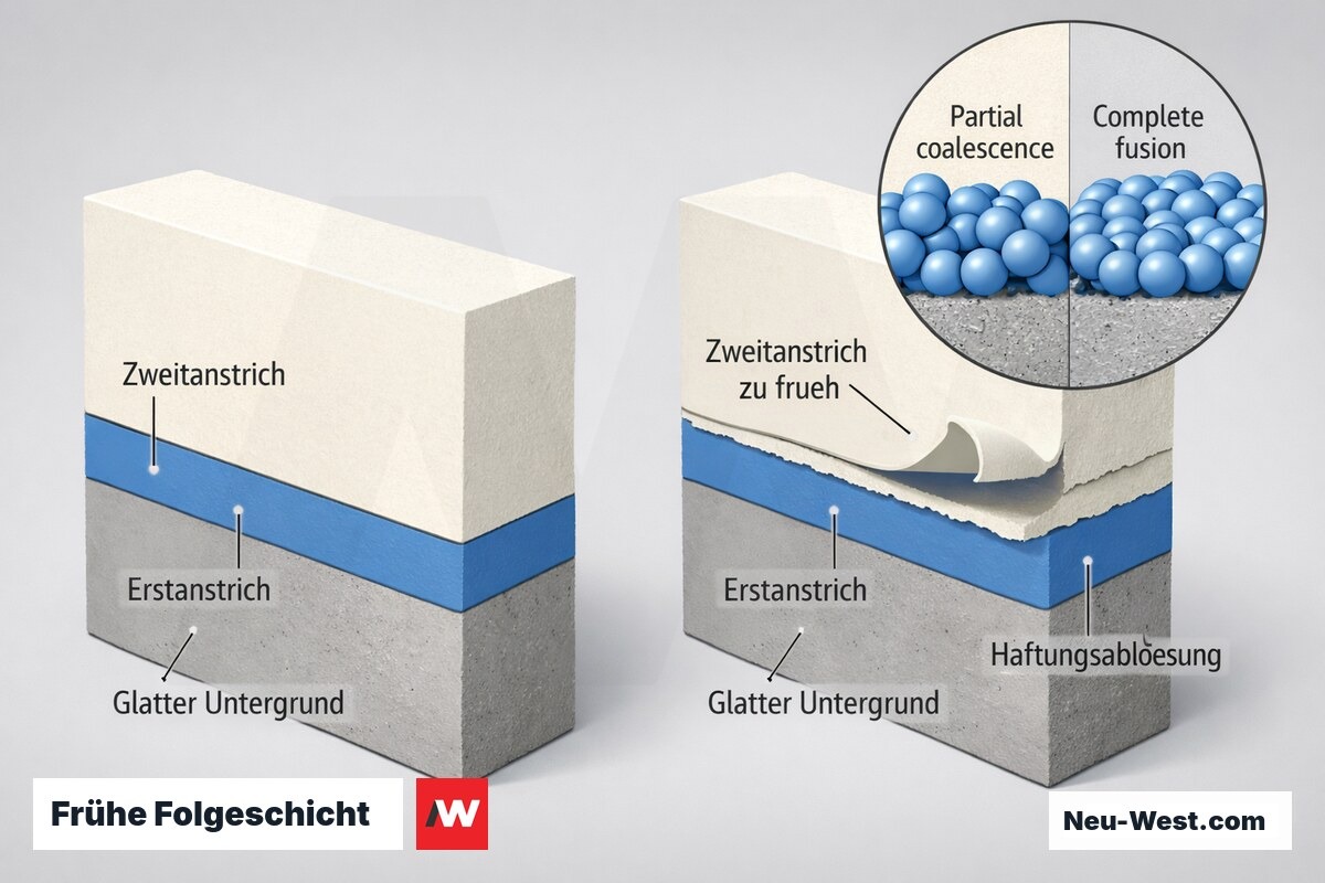 Wand-Querschnitt: links intakter Schichtaufbau, rechts abplatzender Zweitanstrich wegen zu früher Beschichtung auf glattem Untergrund.