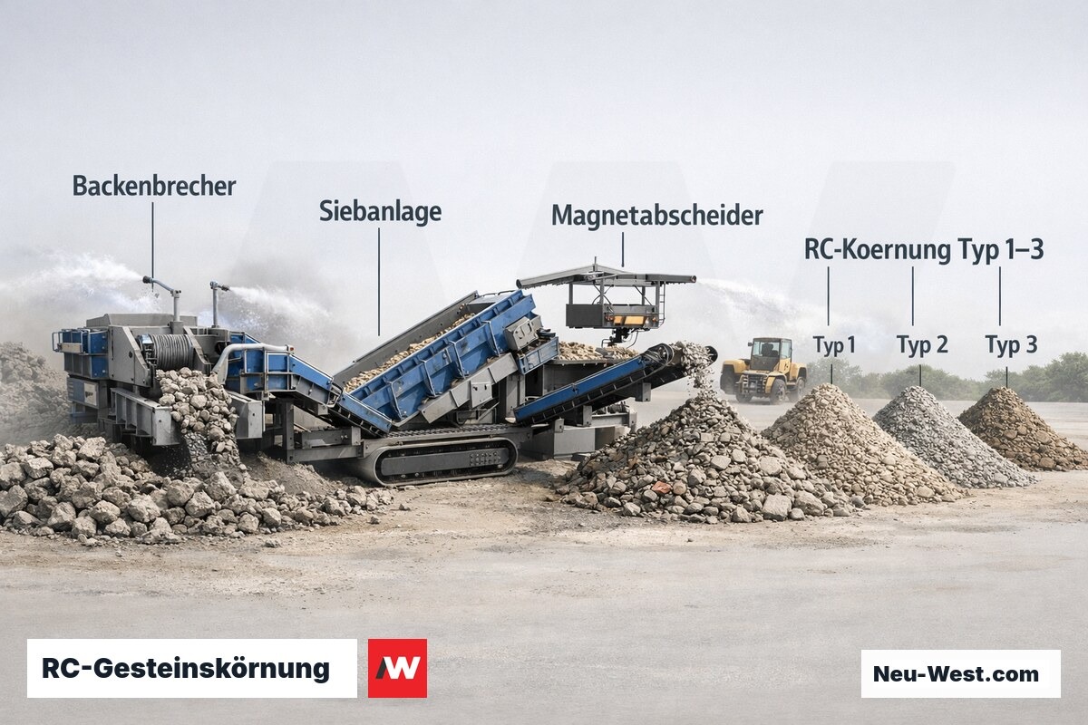 Querschnitt einer Aufbereitungsanlage: Betonabbruch wird gebrochen, gesiebt, von Metall befreit und in Kornfraktionen getrennt.