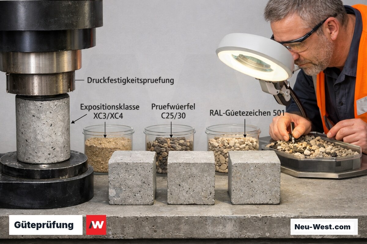 Labortisch mit RC-Betonprüfwürfeln verschiedener Expositionsklassen und laufender Druckfestigkeitsprüfung.