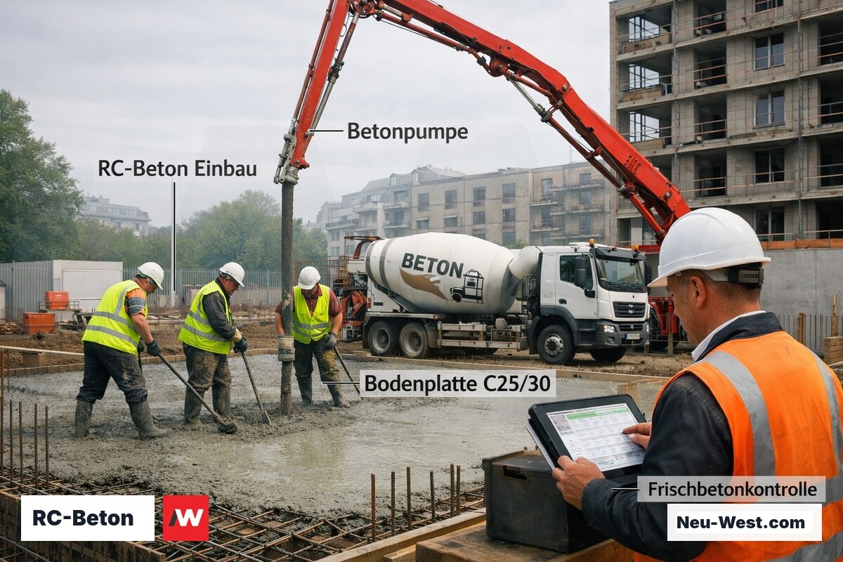 Betonpumpe füllt RC-Beton in bewehrte Bodenplatte auf Berliner Baustelle, Bauüberwachung mit Tablet im Vordergrund.