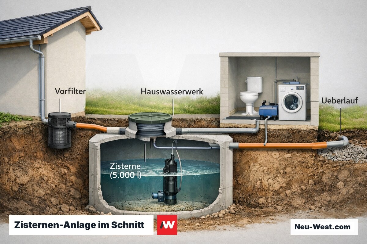 Schnittzeichnung einer unterirdischen Regenwasser-Zisterne mit Filteranlage, Pumpe und Hausanschluss für Toilette und Waschmaschine