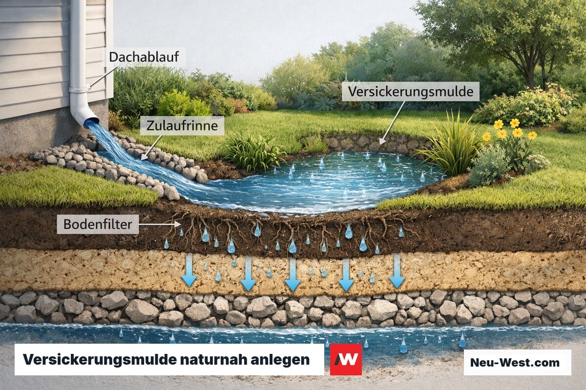 Querschnitt einer begrünten Versickerungsmulde mit Bodenaufbau und Schichtdarstellung für dezentrale Regenwasserversickerung
