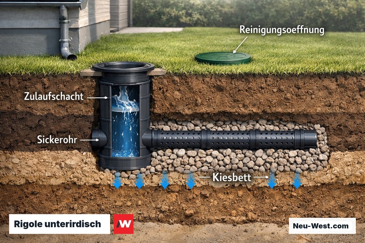 Erdschnitt einer unterirdischen Rohr-Rigole mit Kiesbettummantelung und Zulaufschacht zur platzsparenden Regenwasserversickerung
