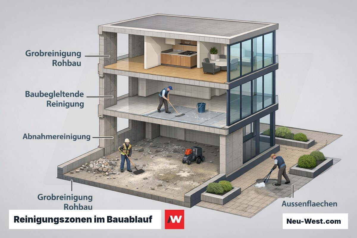 Cutaway-Illustration eines Bauobjekts mit vier Reinigungszonen: Grobreinigung im Rohbau, baubegleitende Reinigung, Abnahmereinigung und Außenflächen.