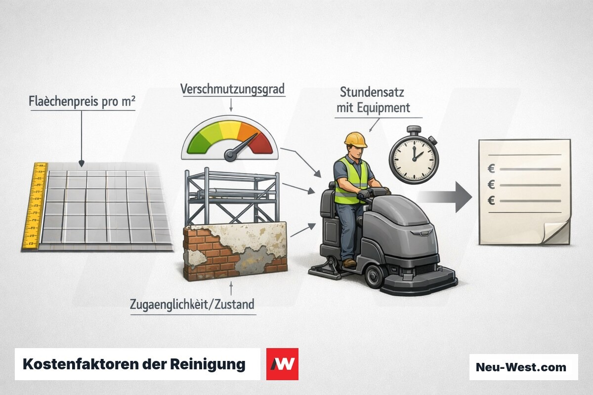 Diagramm der Preisfaktoren einer Gebäudereinigung: Flächenpreis pro Quadratmeter, Verschmutzungsgrad, Zugänglichkeit und Stundensatz mit Equipment.