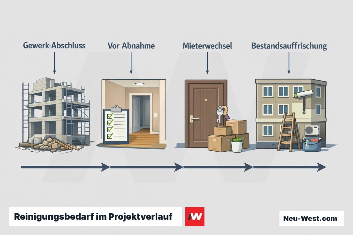 Prozess-Sequenz mit vier Zeitpunkten im Bauprojekt, an denen Reinigungsbedarf entsteht: nach Gewerk-Abschluss, vor Abnahme, bei Mieterwechsel und zur Bestandsauffrischung.