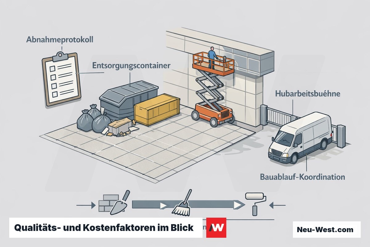 Erklär-Illustration: Abnahmeprotokoll, Entsorgungscontainer, Hubarbeitsbühne und Bauablauf-Koordination als Qualitäts- und Kostenfaktoren der Baureinigung.