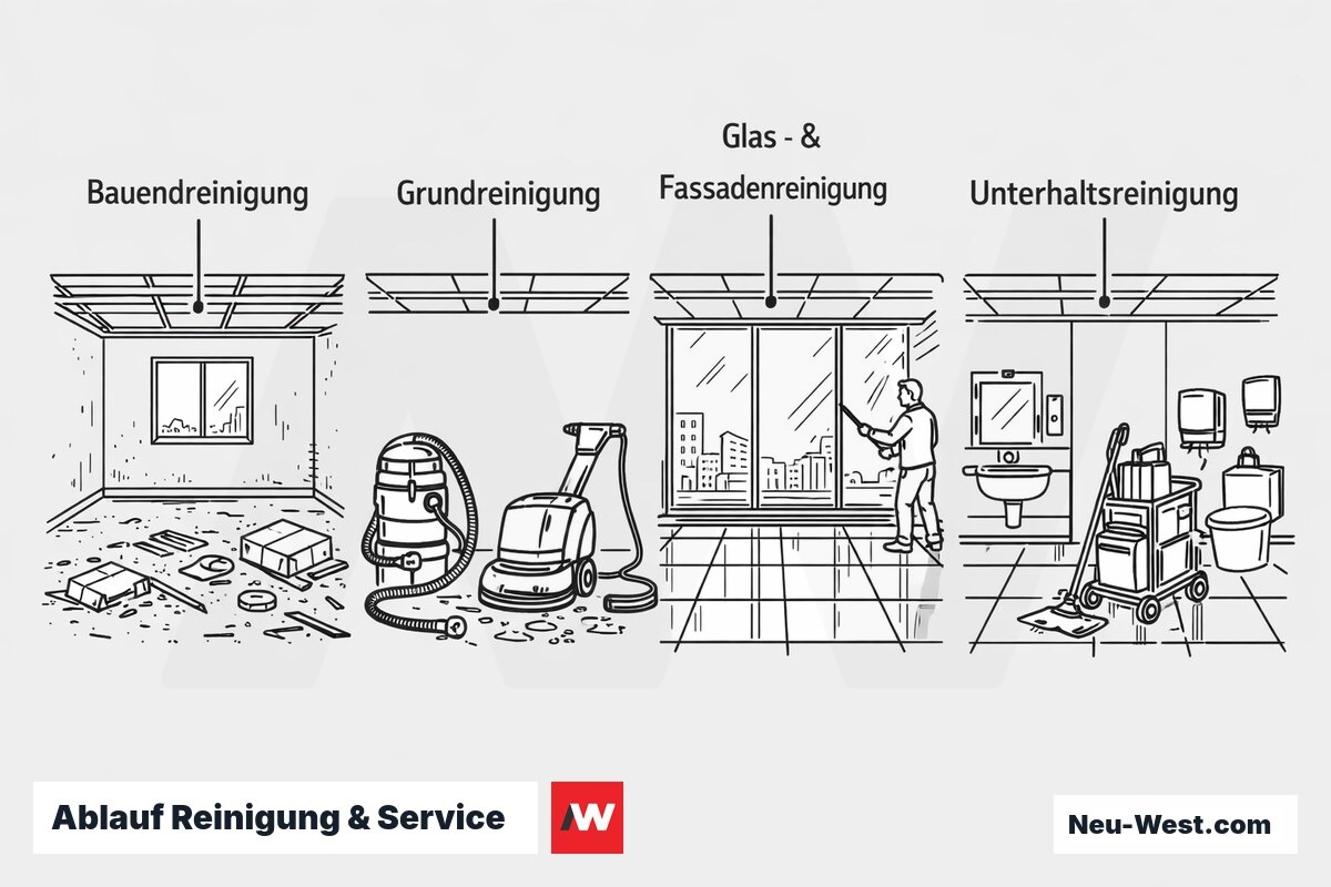Ablaufdiagramm der Reinigung: von der Bauendreinigung über Grund- und Glasreinigung bis zur wiederkehrenden Unterhaltsreinigung im laufenden Betrieb.