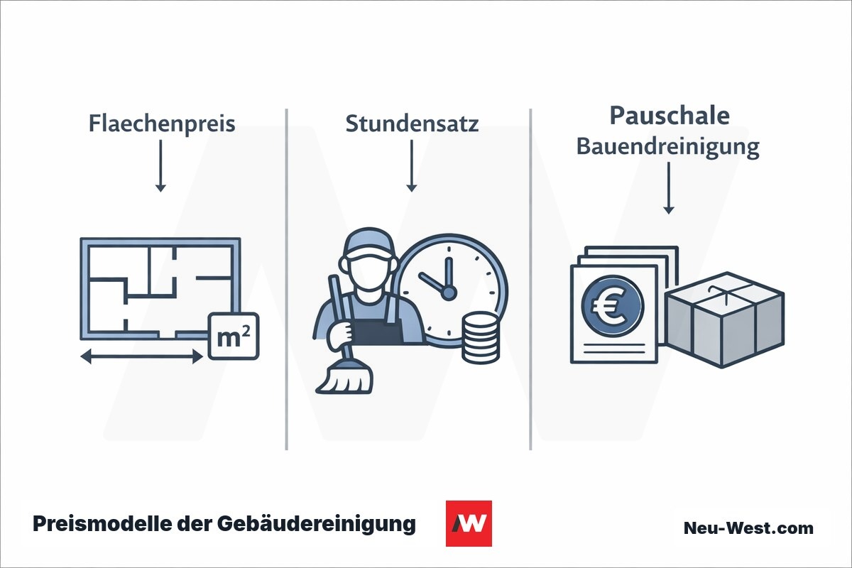 Erklaer-Illustration mit drei Preismodellen der Gebäudereinigung: Flächenpreis pro Quadratmeter, Stundensatz und pauschale Objektpreise.
